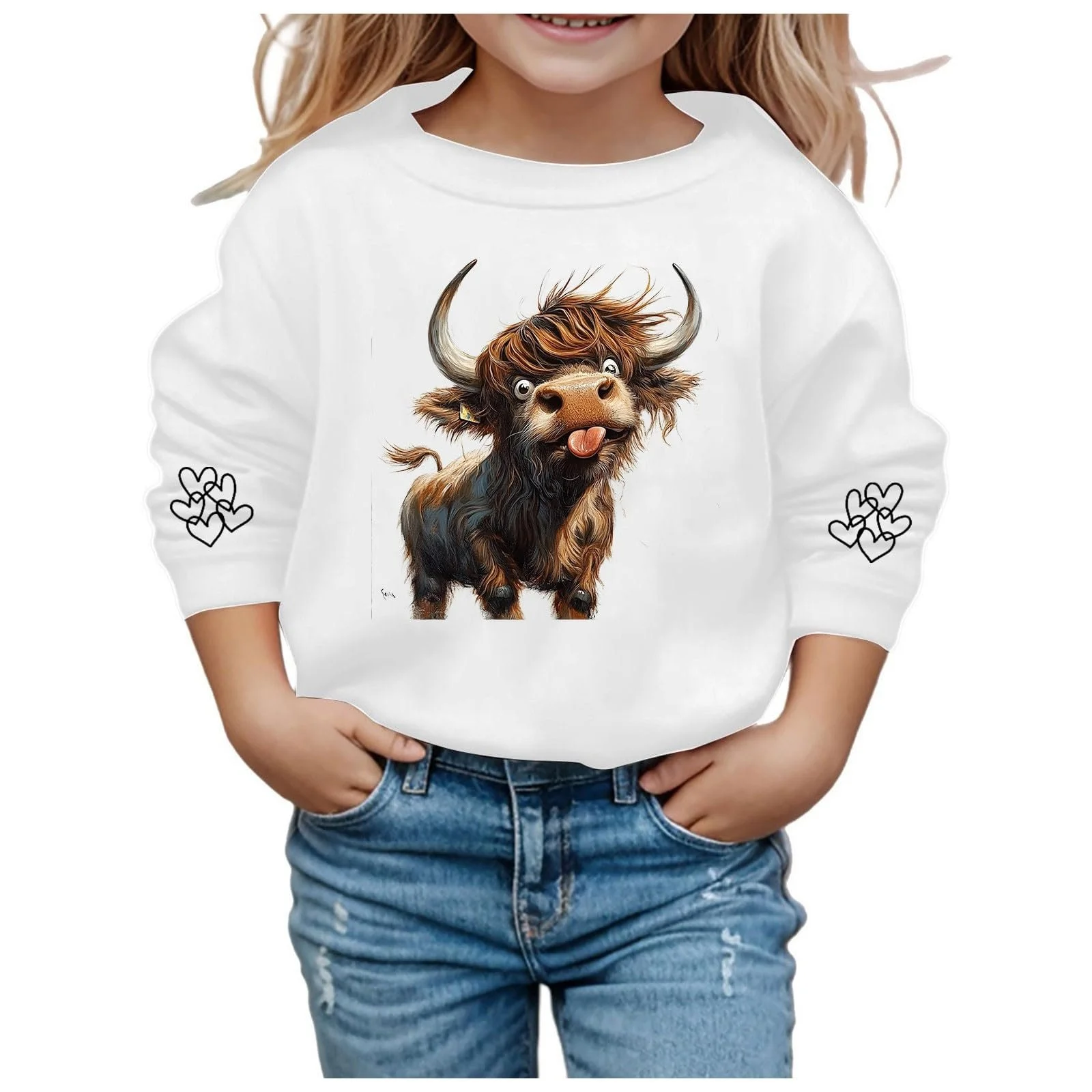 Лонгслив Девочка Кофта с длинными рукавами - Повседневный худи с круглым вырезом и коровьим принтом для детей, фото №2