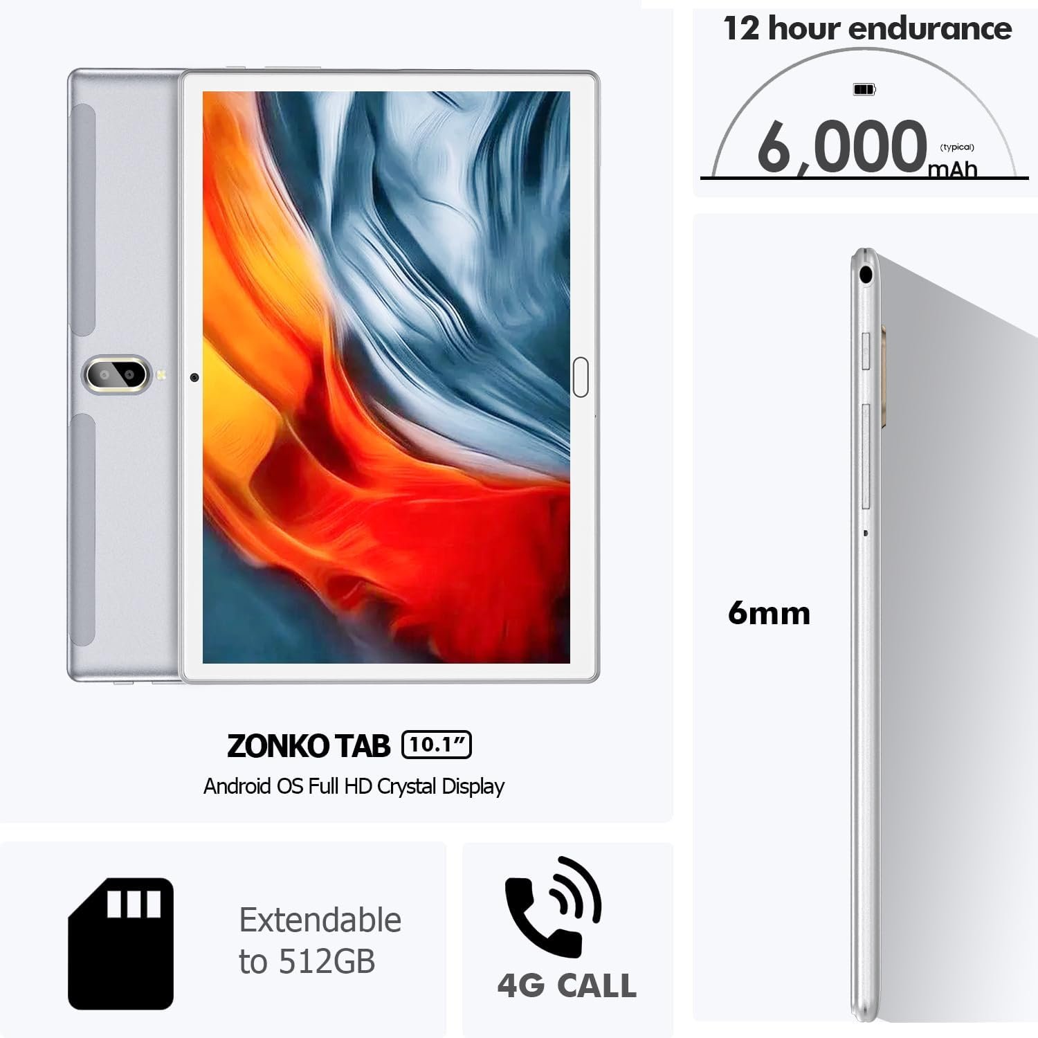 Планшет 10,1" Full HD Zonko D118 4/64 ГБ 4G 2-SIM 8 ядер Android 13 6000 мАч Бело-серый, фото №3 Планшет 10,1" Full HD Zonko D118 4/64 ГБ 4G 2-SIM 8 ядер Android 13 6000 мАч Бело-серый, фото №3