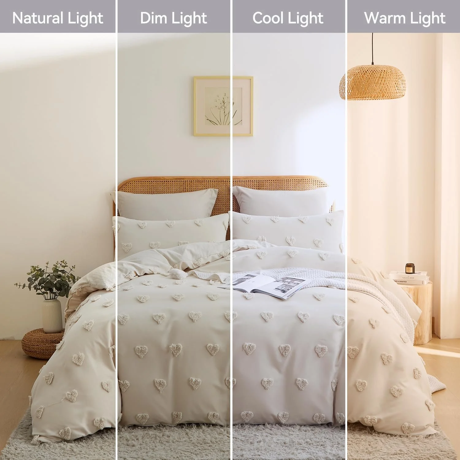 Комплект постільної білизни Freyamy Bohemian Tufted Heart 135 x 200 см + 80 x 80 см, 2 елементи, мікрофібра, на блискавці, бежевий, фото №7