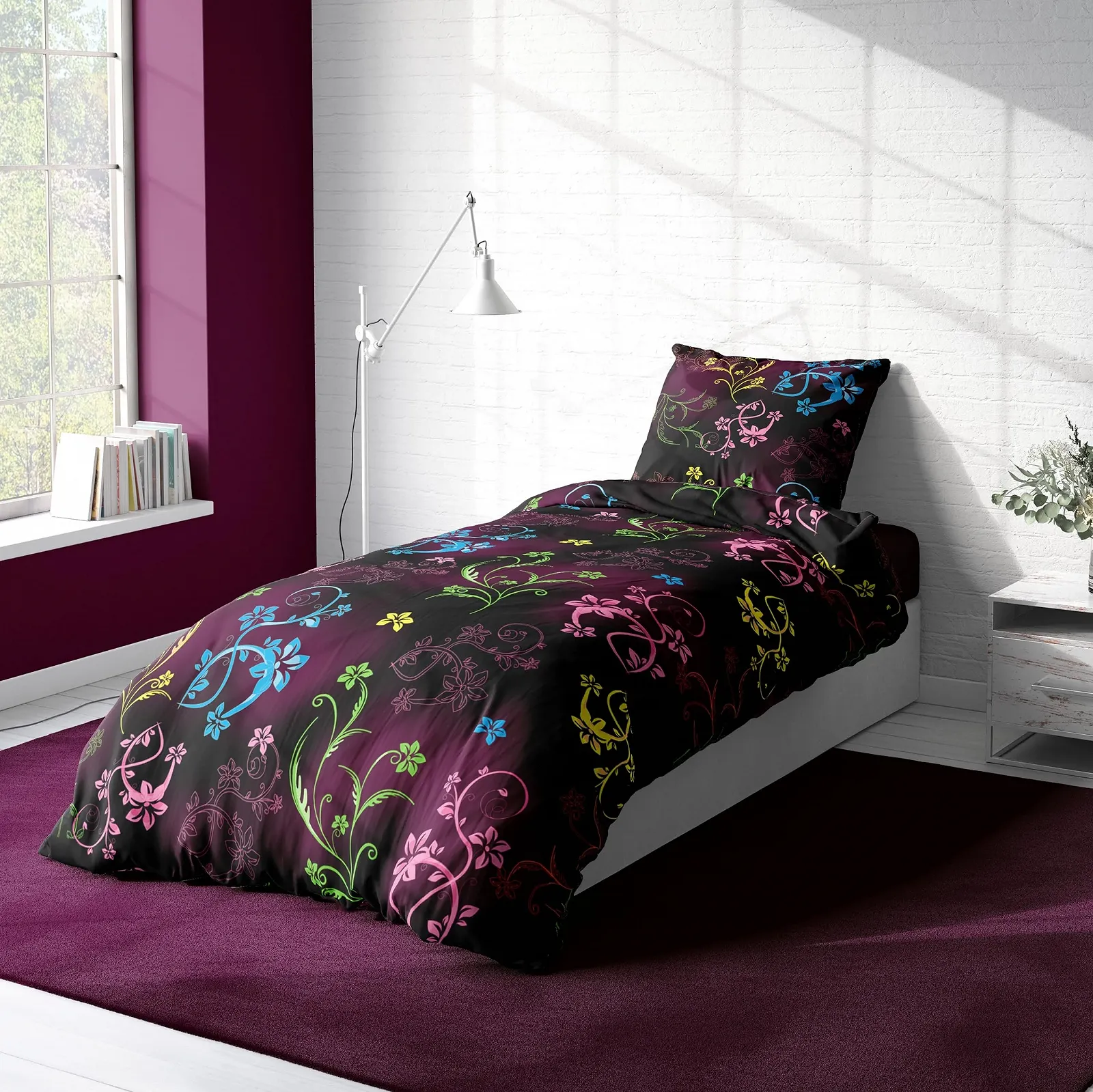 Постільна білизна one-home Floral B-Ware 135x200 см мікрофібра наволочка 80x80 см з блискавкою чорна з квітковим принтом, фото №3