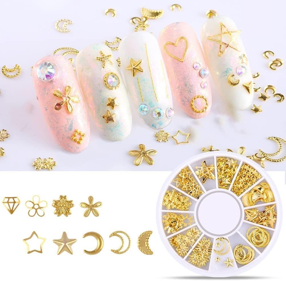Набор украшений для ногтей Золото Микс Заклепки, самоцветы, сверкающие стразы, металлические заклепки, полые луны, звезды, сердца, искусственные жемчужины для DIY 3D дизайна ногтей, фото №2