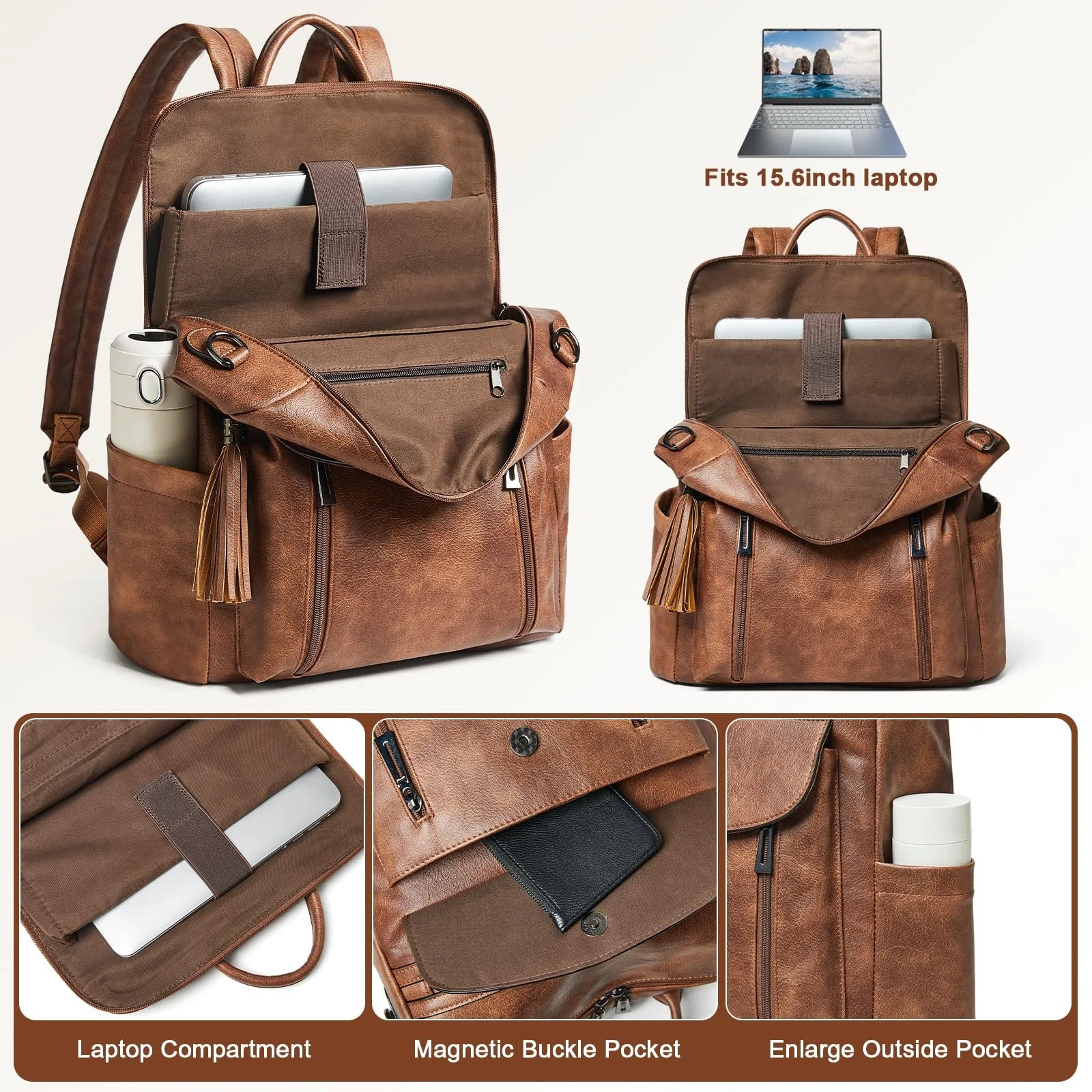 Рюкзак для ноутбука Shrrie 15.6 Inch Leather Carry On Water Resistant Two Tone Brown, фото №6 Рюкзак для ноутбука Shrrie 15.6 Inch Leather Carry On Water Resistant Two Tone Brown, фото №6