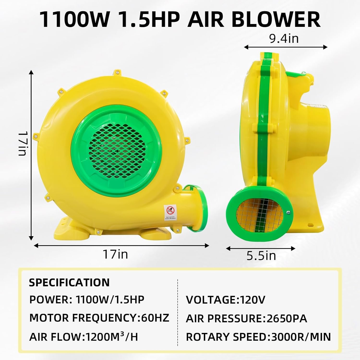 Повітродувка високої потужності GONFLABLE YT-1100W-F3 / 1100 Вт/1,5 к.с. / для великих надувних споруд / надувного батут / надувного замку / стрибунця / водної гірки / Жовтий, фото №6