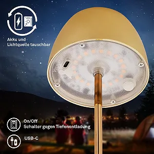 Настольная лампа BRILONER Mini LED беспроводная IP44, сенсорная, плавная регулировка яркости, сменный аккумулятор и источник света, 8x20 см, золотая synthetic.ua - Фото 1