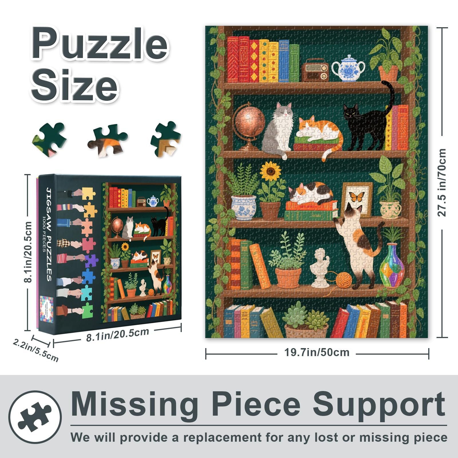 Пазл 1000 деталей Книжкова полиця з котами та рослинами 50 x 70 см, фото №2