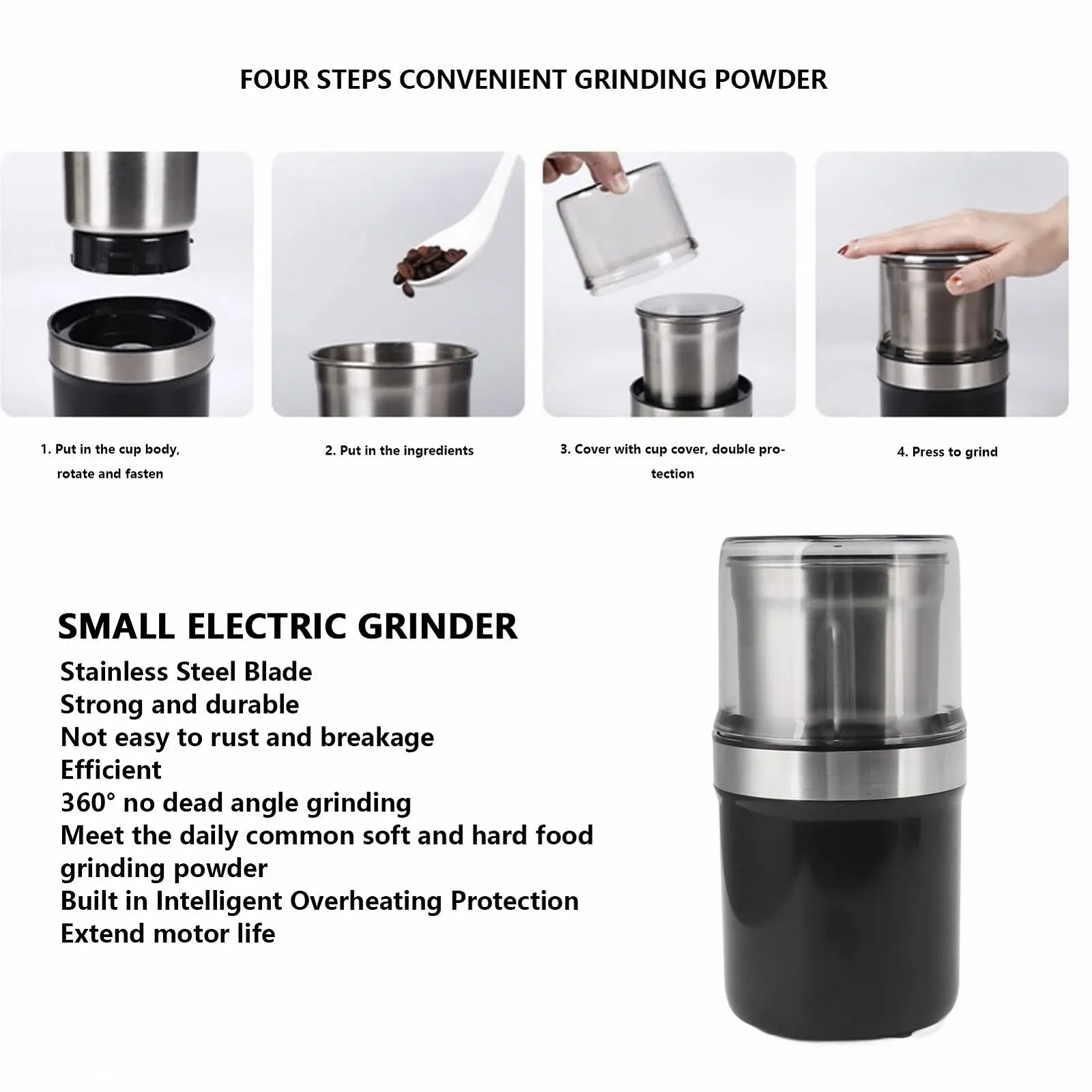 Электрическая кофемолка Tyenaza Маленькая электрическая 100 г Емкость Лезвие из нержавеющей стали Портативная, фото №5