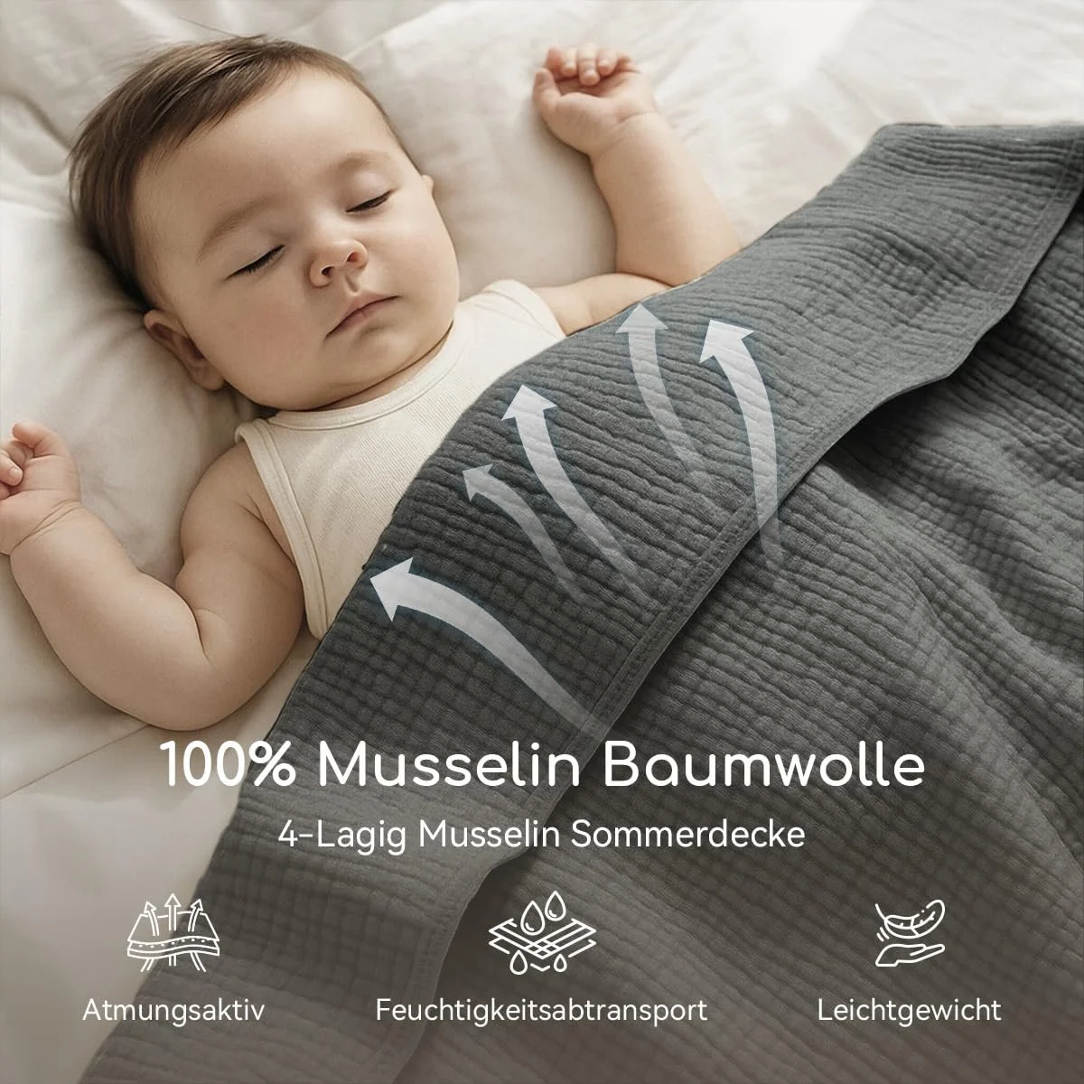 Муслиновое одеяло Lanqinglv, 220 x 240 см, хлопковое одеяло, 4-слойное муслиновое летнее одеяло, серое покрывало, хлопок, фото №3