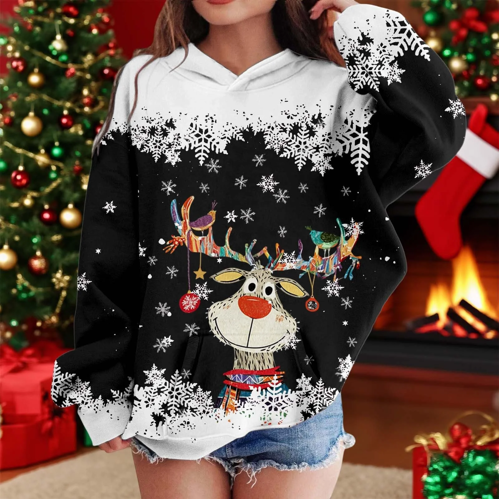 Худи для девочки 128 - Толстовка для девочки 152 с капюшоном, детская толстовка с капюшоном, мультяшный олень, длинный рукав для мальчиков (2-12 лет), фото №3