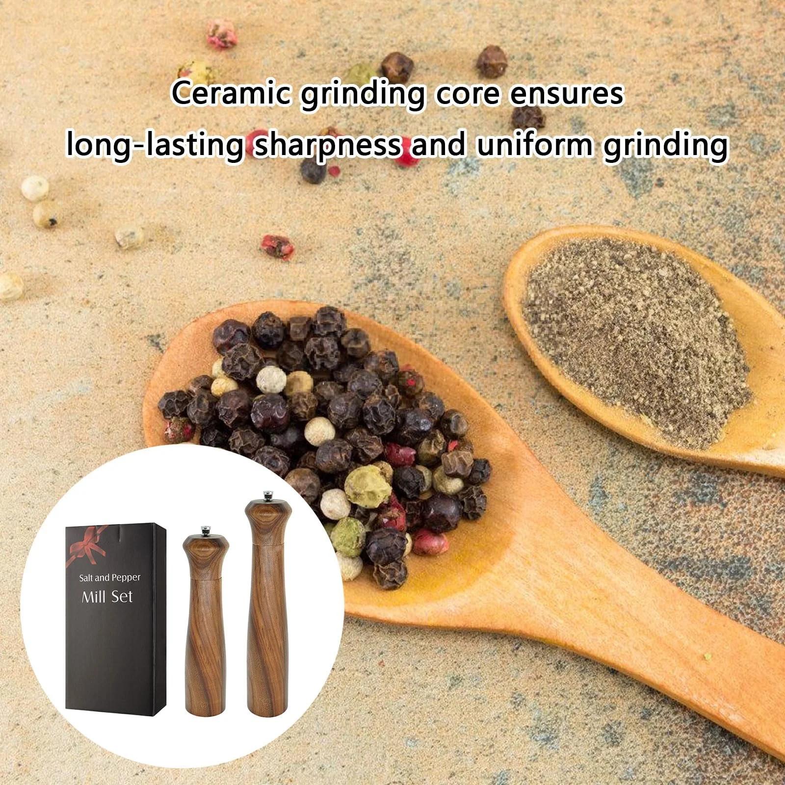 Набір Деревʼяних Млинків для Солі та Спецій з Регульованим Керамічним Механізмом, фото №8