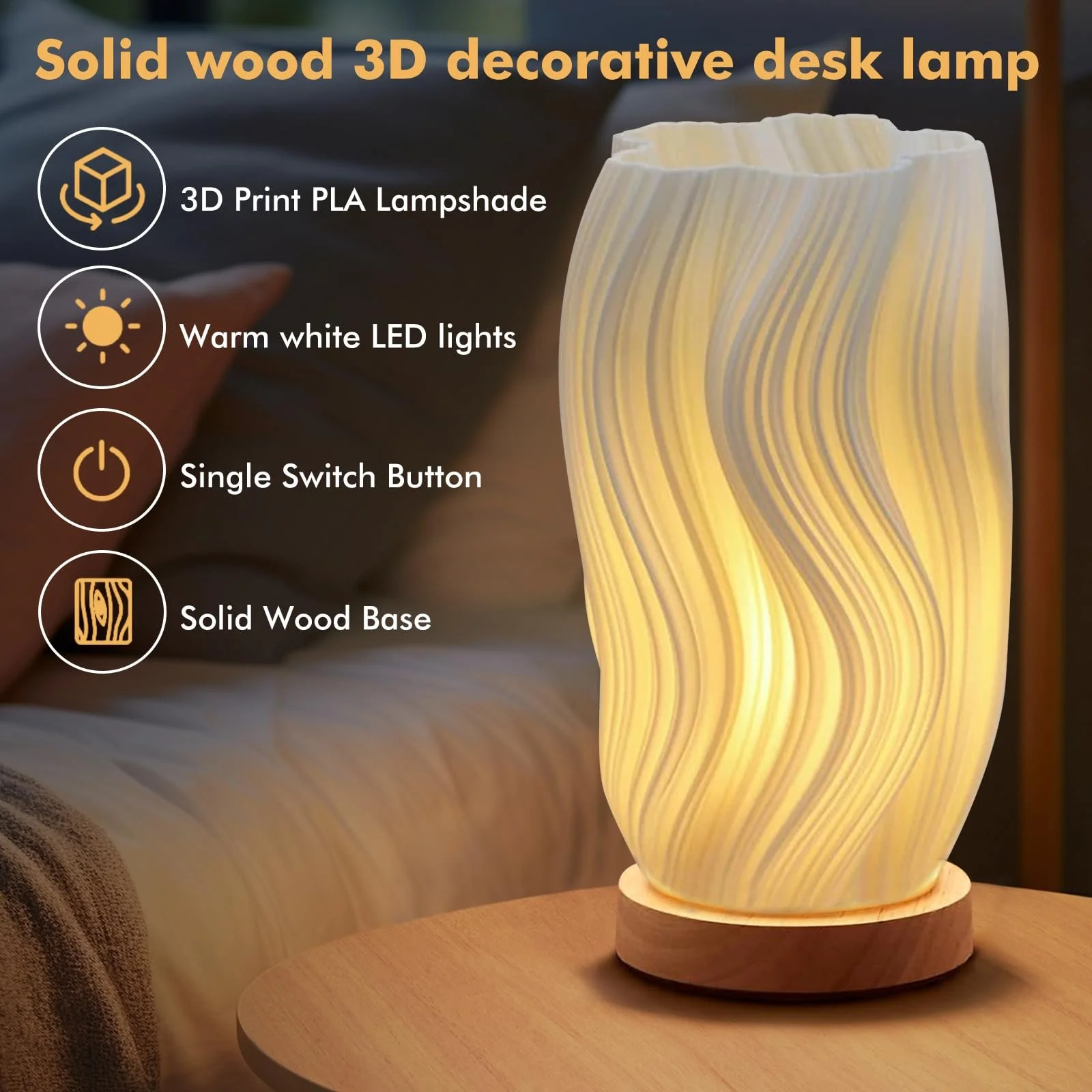 Настільна лампа 3D декор дерев'яна основа тримач для квітів 3000K Φ11x20,5 см, фото №3