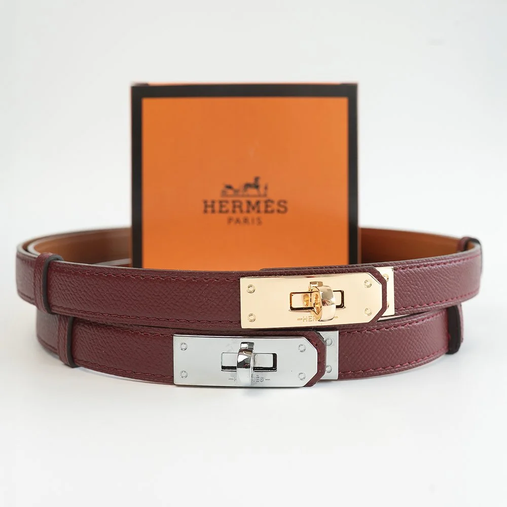 Женский тонкий бордовый ремень Hermes, фото №1