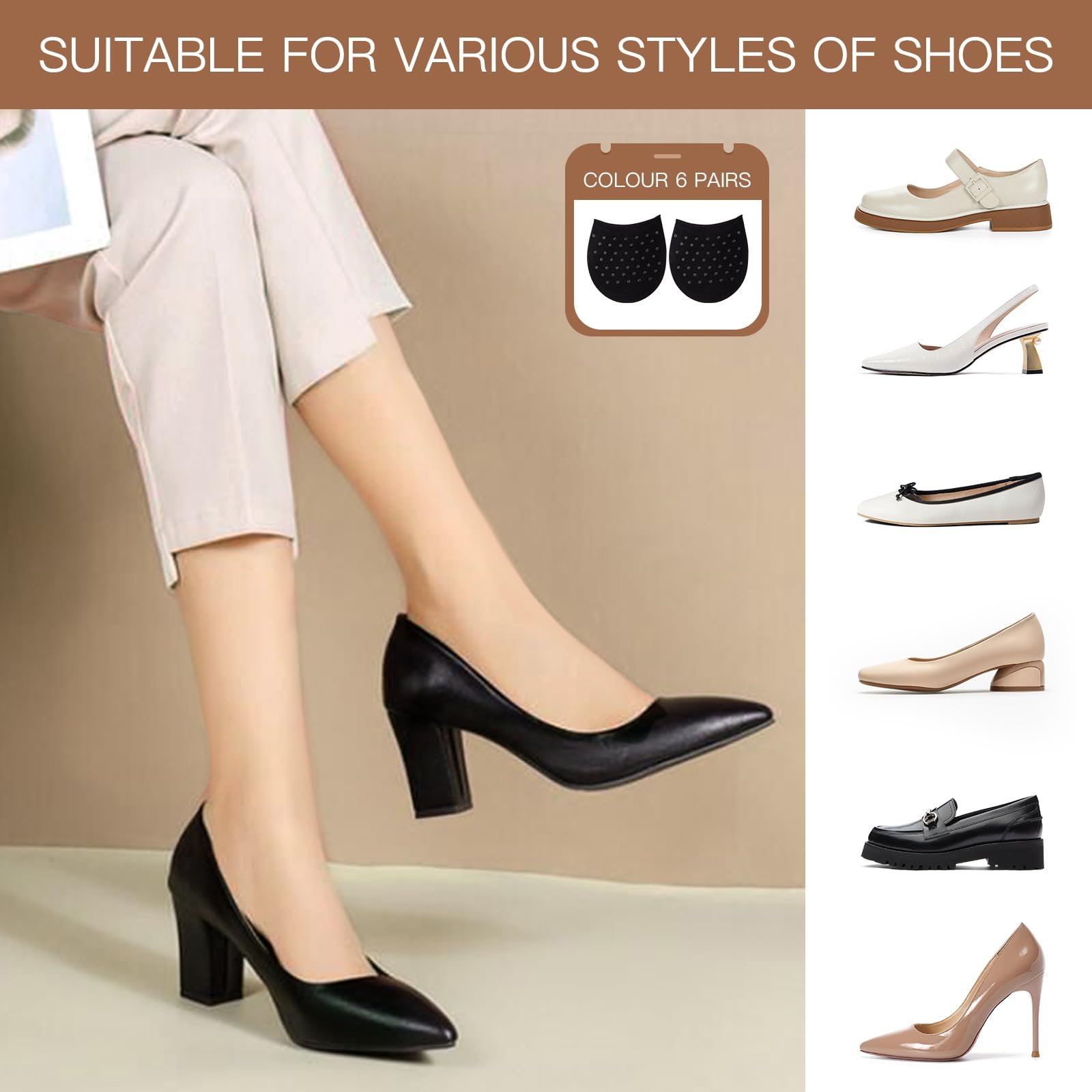 Носки с пальцами Yilanmy женские, нескользящие, полуноски, невидимые носки со слингбэком, носки для передней части стопы для высоких каблуков 6 пар, фото №5