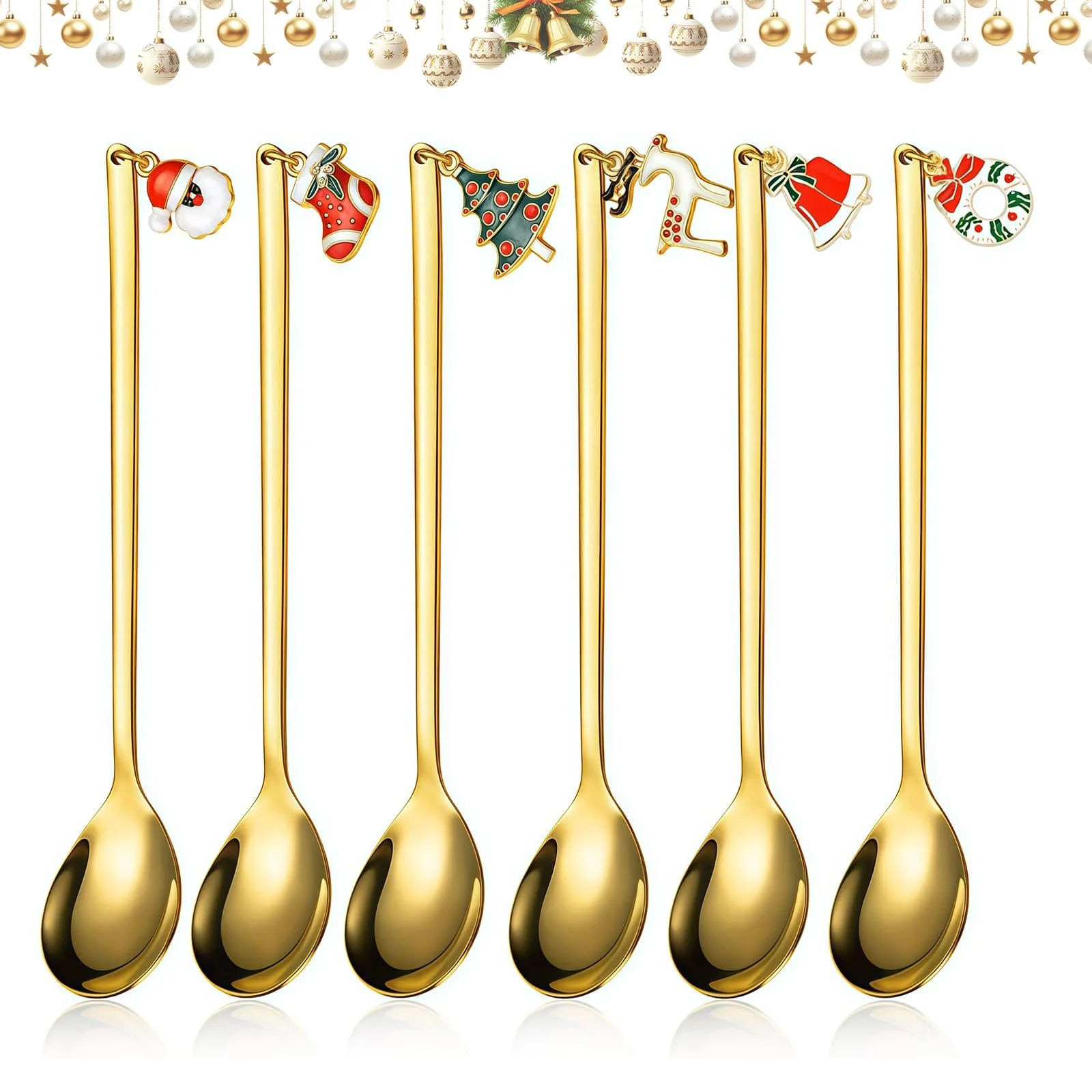 Ложки Рождественские, 6 штук, кофейные ложки из нержавеющей стали с рождественским кулоном, маленькая домашняя ложка, набор ложек, чайная ложка, десертная ложка, с подарочной упаковкой (золотой), фото №1