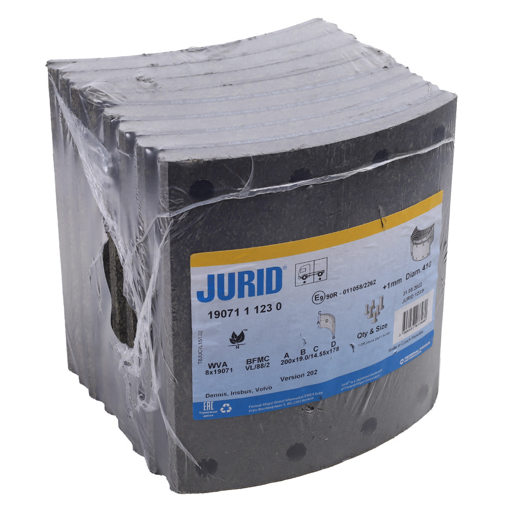 Накладка тормозная барабанного тормоза комплект с заклепками MAN VOLVO(410Х200Х19,3мм) пр-во JU 1907111230, фото №1