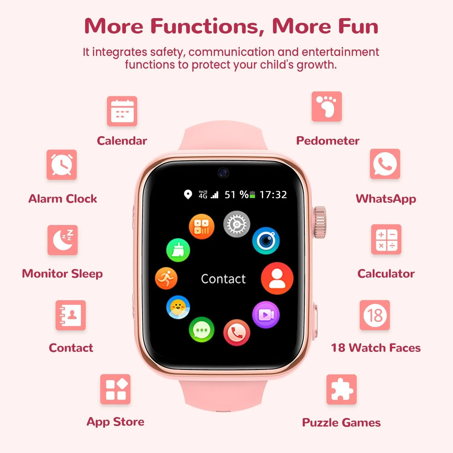 Детские Smartwatch 4G с видеозвонком и телефоном, IP68 водонепроницаемые, голосовой чат, WhatsApp, WiFi, GPS, SOS, SMS, школьный режим, шагомер, будильник сна для девочек, фото №6
