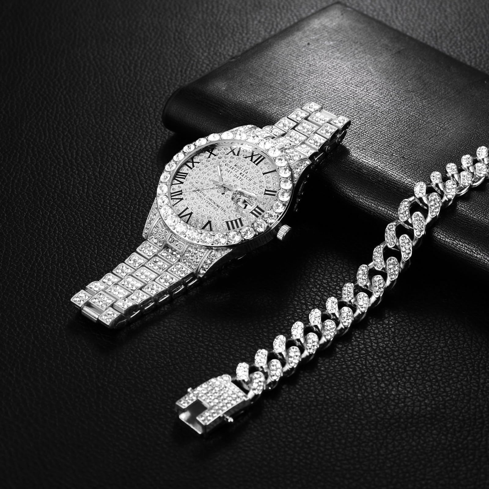 Годинники OIDEA Diamond Армбанд: 2 штуки Панцирний ланцюг Наручний браслет зі стразами Чоловічий годинник з ромською цифрами Календар Ювелірний виріб Чоловіки Друг Брат Батько, фото №5