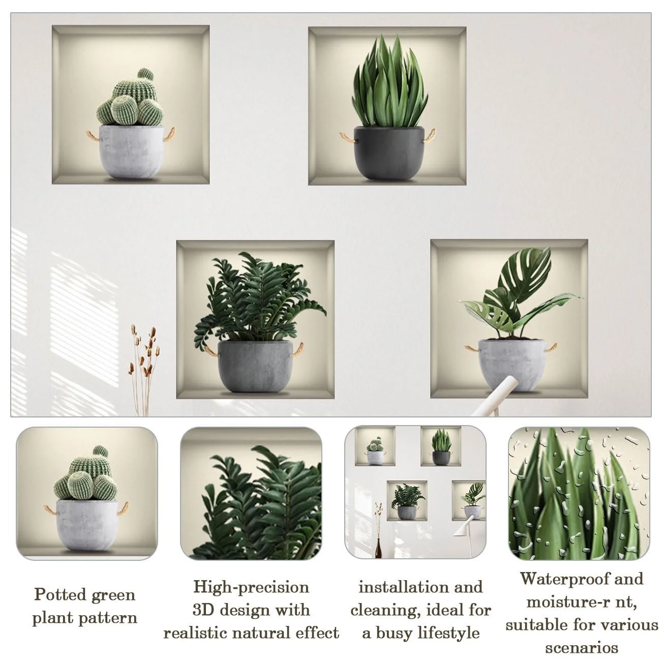 Набір наклейок на стіну 3D Green Potted Plant Flowers Vases 30 x 30 см 4 шт, фото №3