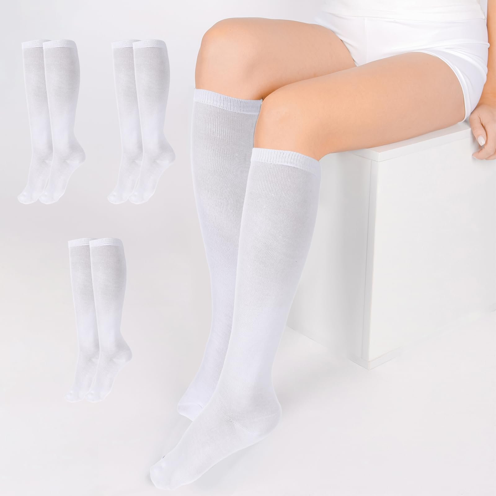 Гольфы 3 пары Гольфы до колена Повседневные носки для костюма черлидера Вязаные носки однотонные Спортивные гольфы для женщин Хлопковые непрозрачные длинные белые носки Белые, фото №7