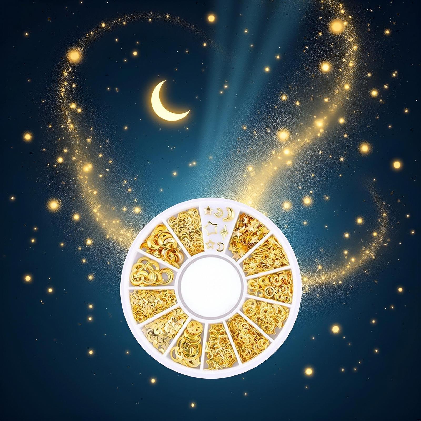 Набор украшений для ногтей Золото Микс Заклепки, самоцветы, сверкающие стразы, металлические заклепки, полые луны, звезды, сердца, искусственные жемчужины для DIY 3D дизайна ногтей, фото №5