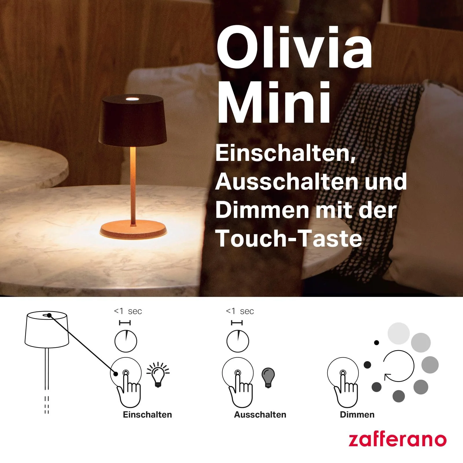 Настільна лампа Zafferano Olivia Mini Переносна Touch Control Dimmer 22 см Кортен, фото №5