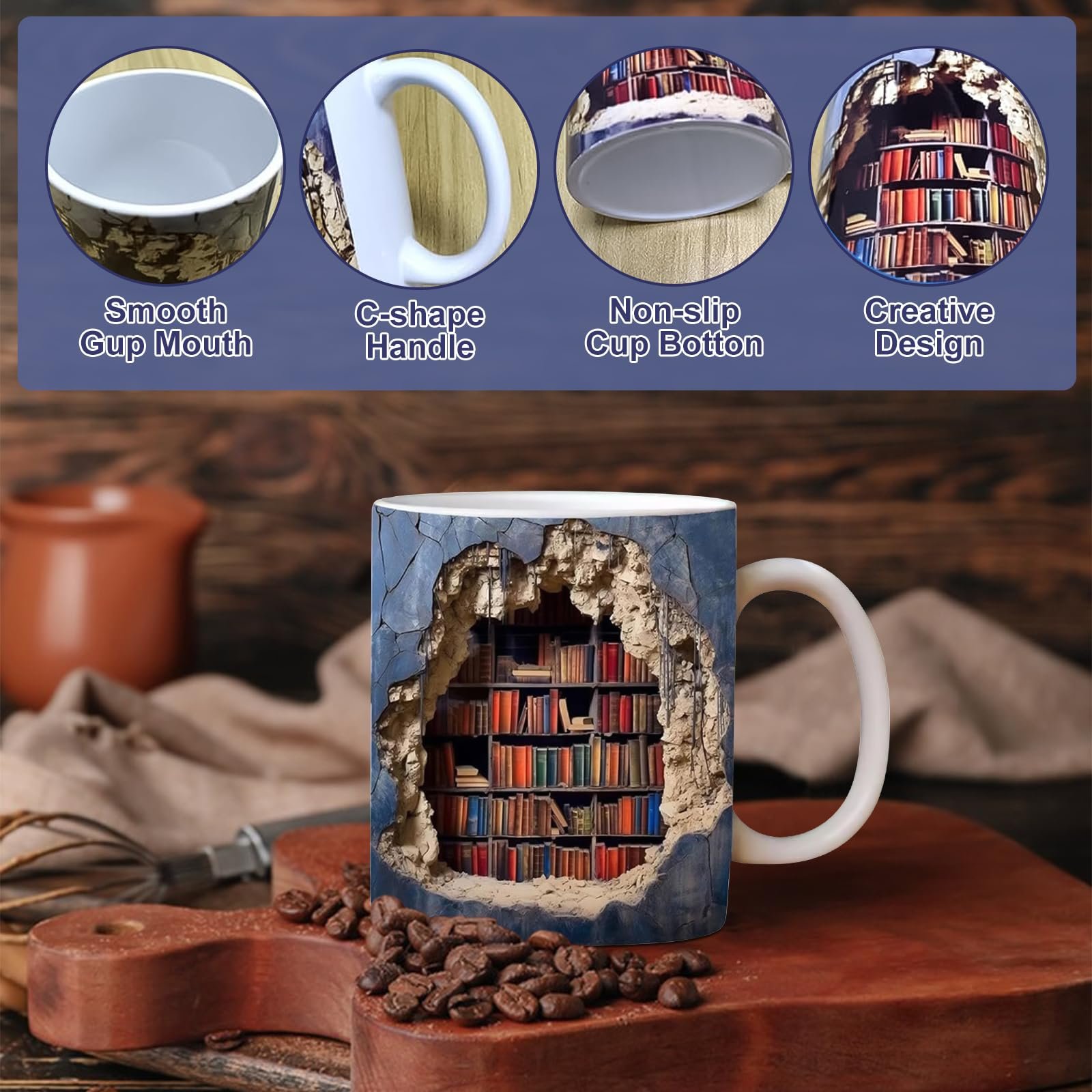 Кружка 3D Книжкова полиця, Керамічна кавова кружка, фото №3