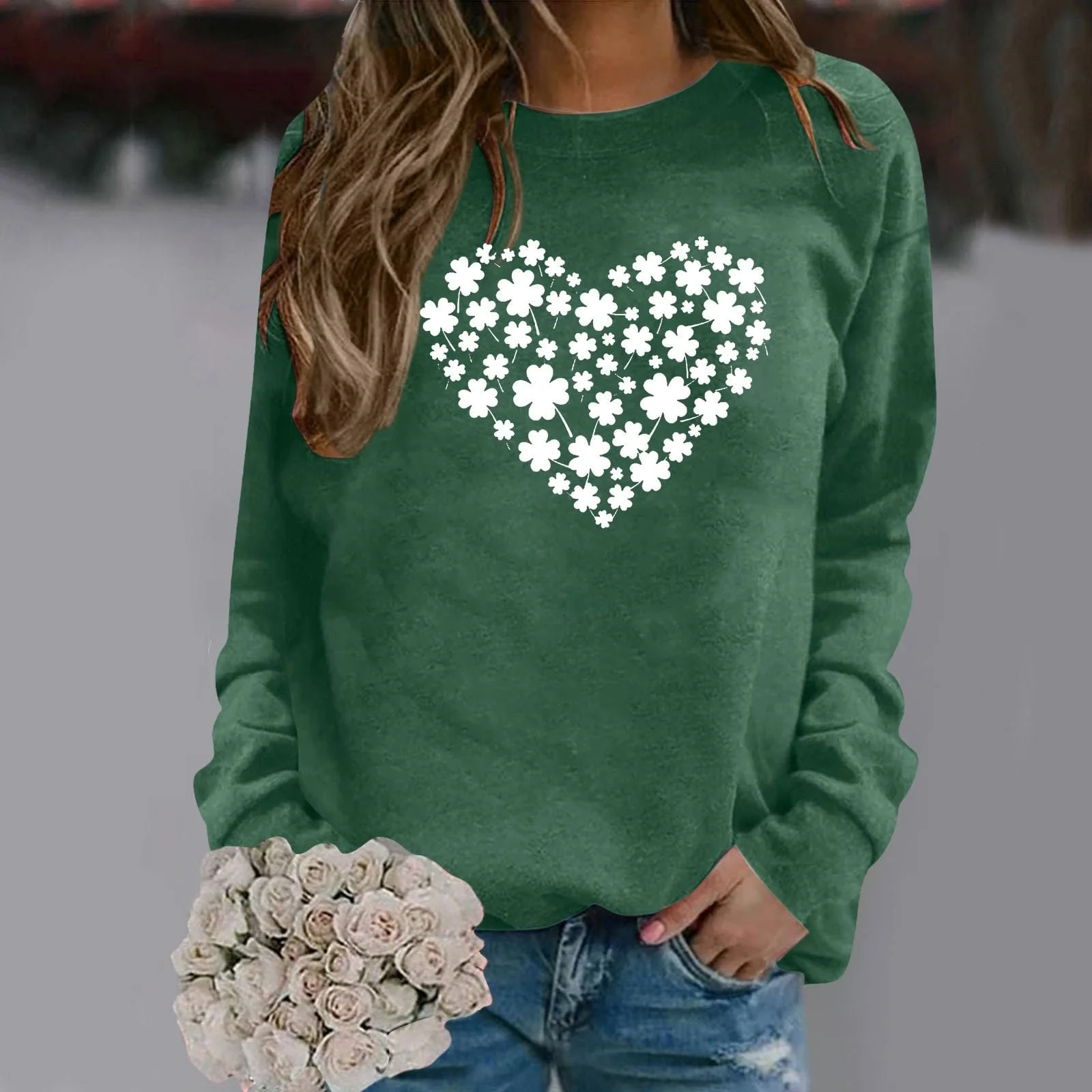 Женская футболка с длинным рукавом и принтом клевера ко Дню Святого Патрика, круглый вырез, клевер - счастливый талисман, повседневная женская толстовка ко Дню Святого Патрика, фото №2 Женская футболка с длинным рукавом и принтом клевера ко Дню Святого Патрика, круглый вырез, клевер - счастливый талисман, повседневная женская толстовка ко Дню Святого Патрика, фото №2