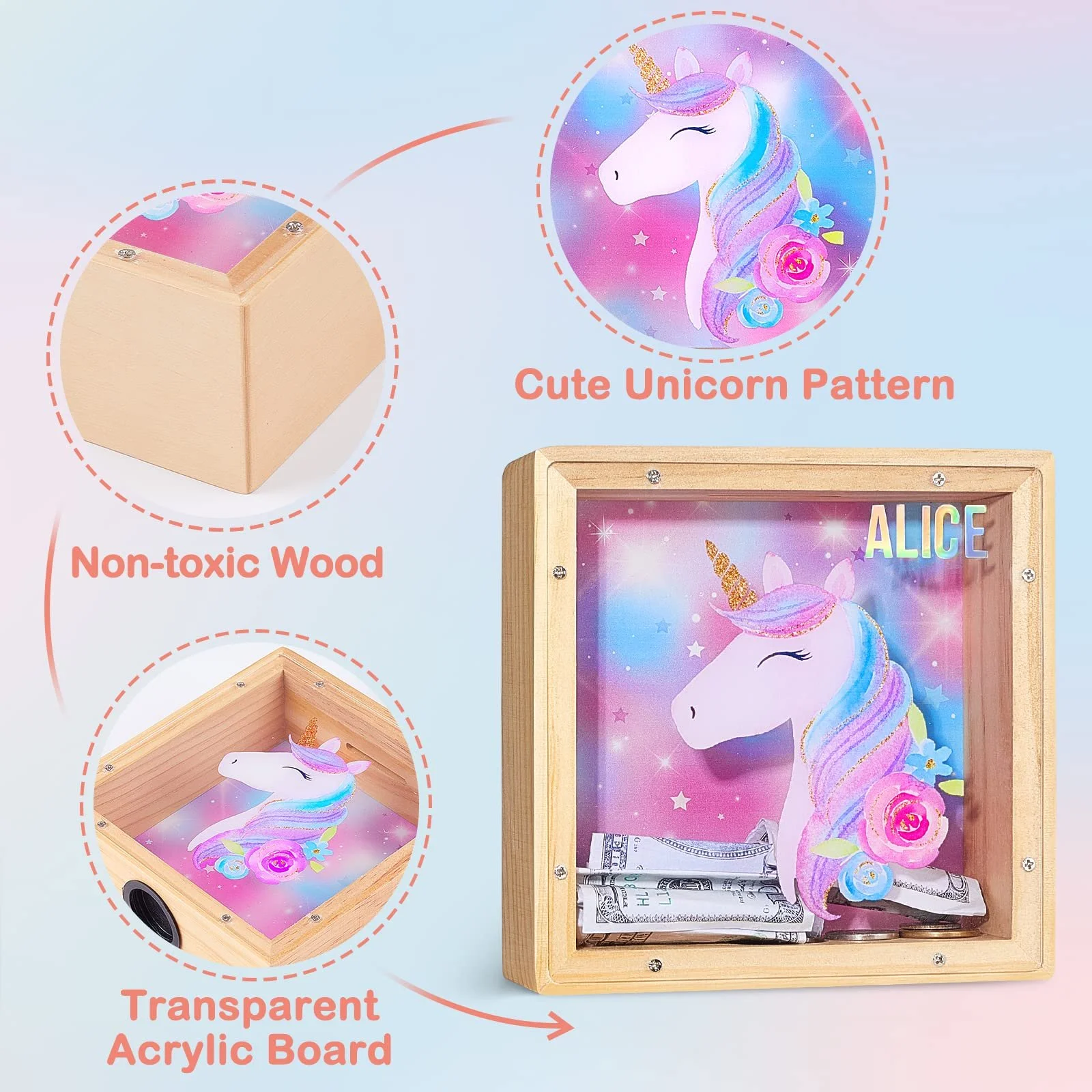 Скарбничка Beinou Єдиноріг дерев'яна з акрилом та наклейками-літерами, фото №5