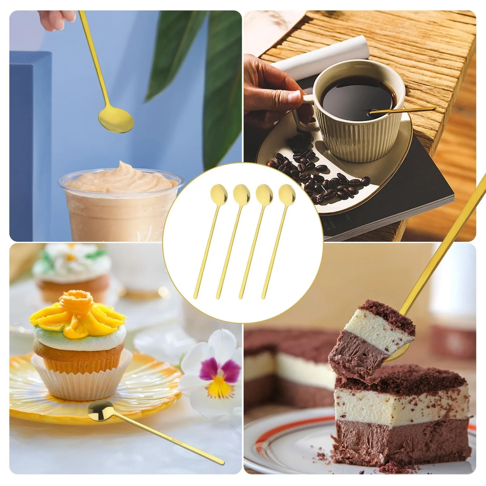 Набір ложок Golden з нержавіючої сталі, 4 шт, 17 см, з довгою ручкою, для змішування кави, чаю, десертів, фото №7 Набір ложок Golden з нержавіючої сталі, 4 шт, 17 см, з довгою ручкою, для змішування кави, чаю, десертів, фото №7