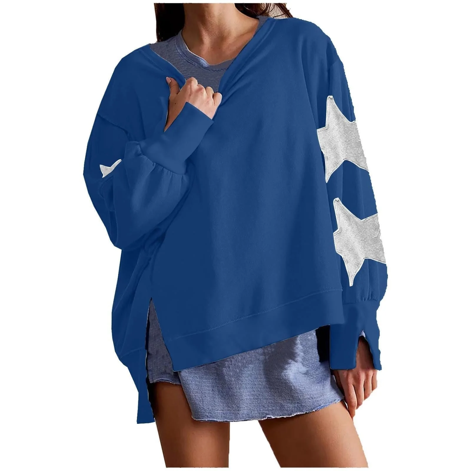 Женский свитшот 2025 Зимняя домашняя одежда Oversized Круглый вырез Полосатые звезды Длинный рукав Боковой разрез Пуловер Свитшот Девушки-подростки Эстетичный Легкий Спортивный комплект, фото №1