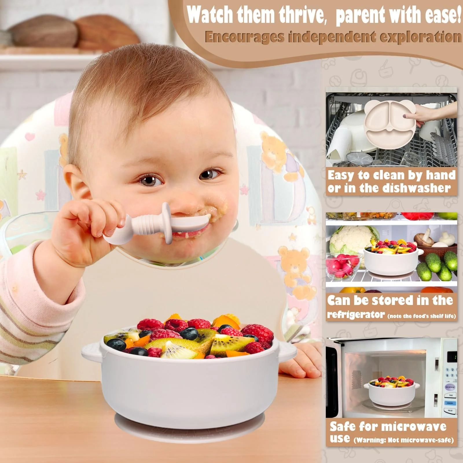 Набор детской посуды Dazhtu, 11 предметов, силикон, бежевый, фото №7 Набор детской посуды Dazhtu, 11 предметов, силикон, бежевый, фото №7