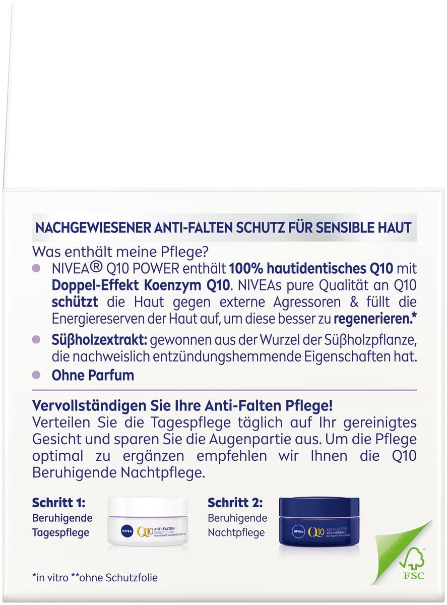 Денний крем Nivea Q10 заспокійливий проти зморшок для чутливої шкіри SPF 15 50 мл (2 шт. в упаковці), фото №9 Денний крем Nivea Q10 заспокійливий проти зморшок для чутливої шкіри SPF 15 50 мл (2 шт. в упаковці), фото №9