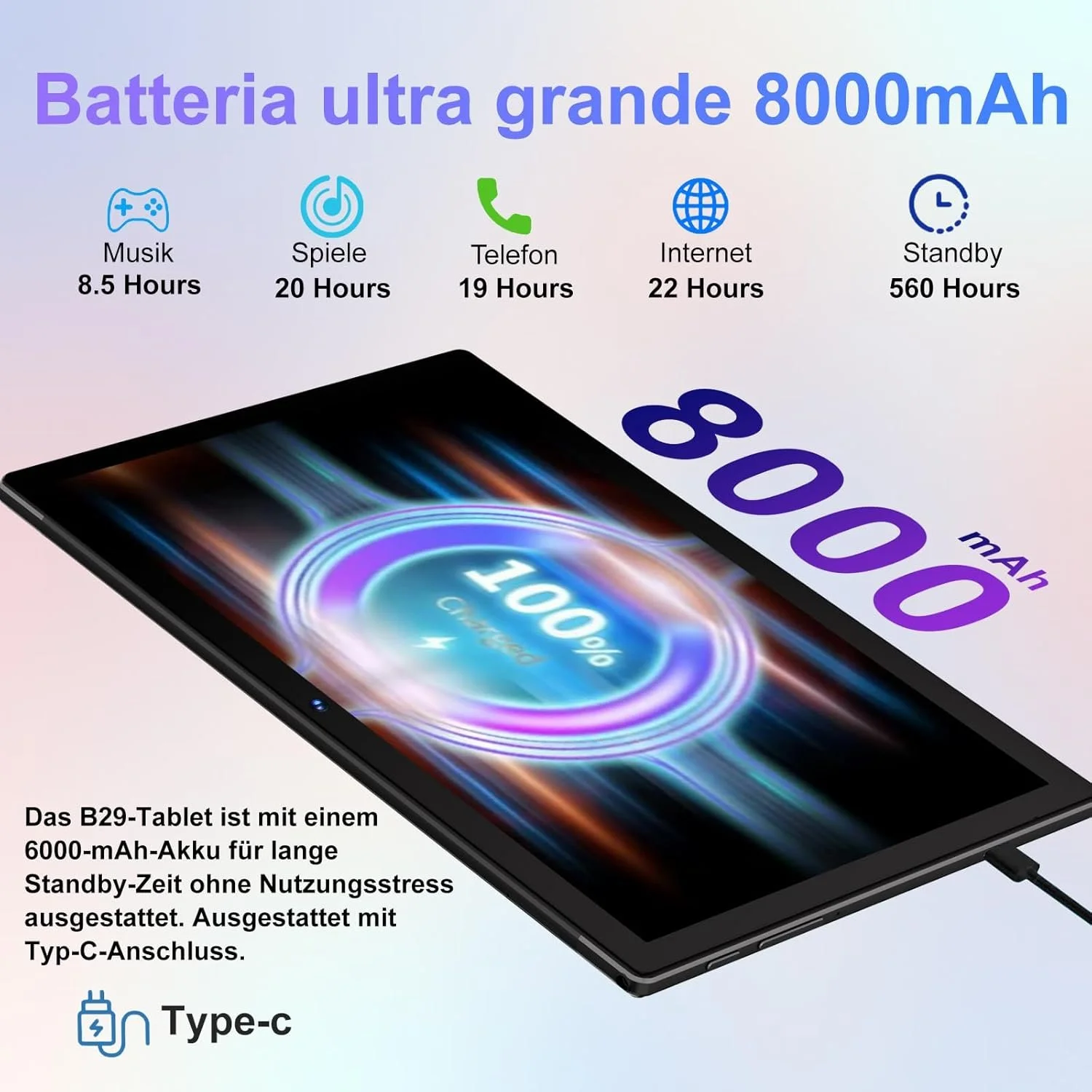 Планшет 10.1" Biegedy B29 6+16/128Gb 8 ядер Android 14 8000 mAh Синій, фото №3