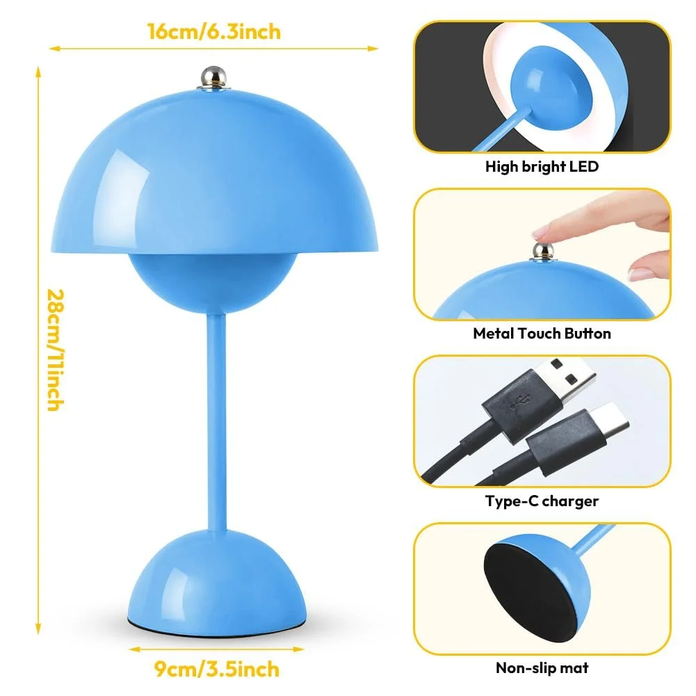 Настільна лампа акумуляторна бездротова у формі гриба сенсорна димована 3000 K - 6000 K IP54 Синя, фото №4