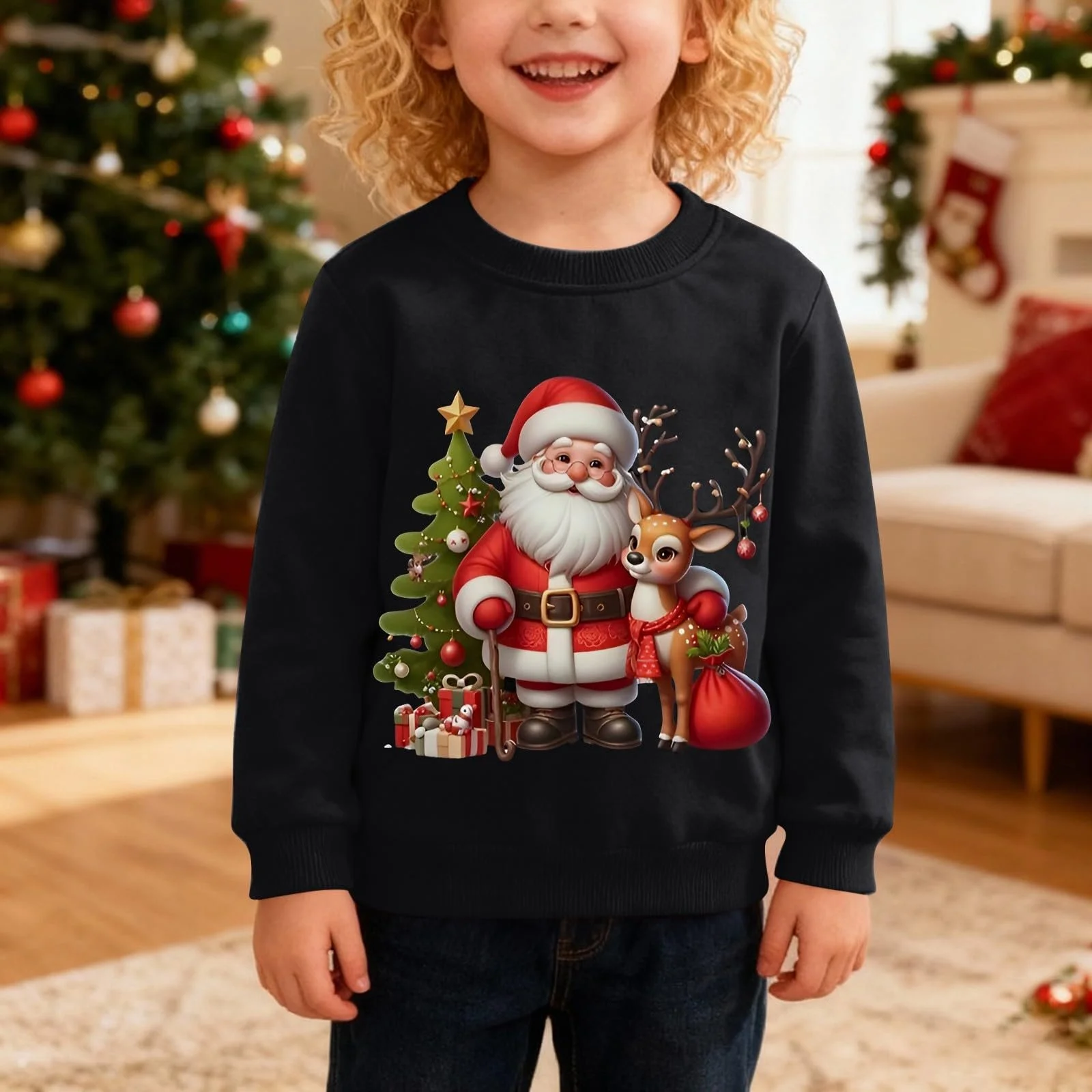 Рождественский свитшот Generisch Рождественский джемпер для девочек и мальчиков Merry Christmas с принтом оленя и снеговика Детский повседневный свитшот с круглым вырезом, фото №2 Рождественский свитшот Generisch Рождественский джемпер для девочек и мальчиков Merry Christmas с принтом оленя и снеговика Детский повседневный свитшот с круглым вырезом, фото №2