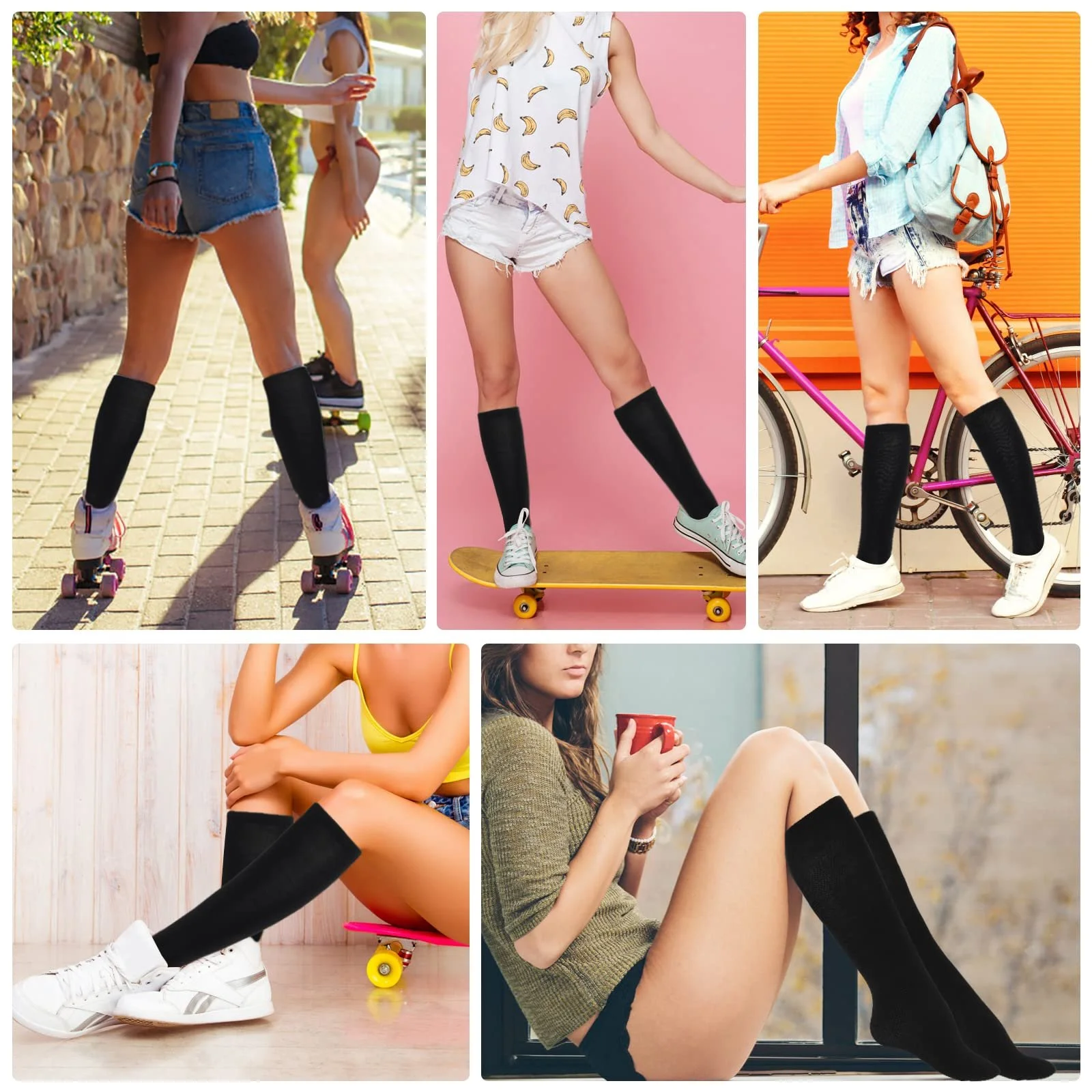 Женские хлопковые гольфы Sibba 2 пары Зимние теплые высокие носки полосатые Черный, фото №4