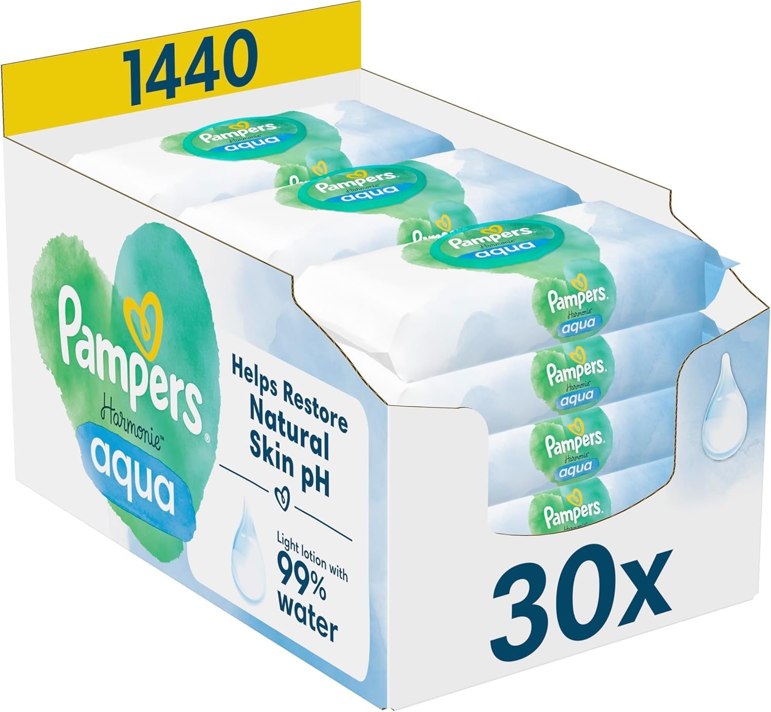 Дитячі серветки Pampers Harmonie Aqua, 1440 штук (15 x 96), для делікатного захисту чутливої шкіри, з 99% вмістом води, фото №1