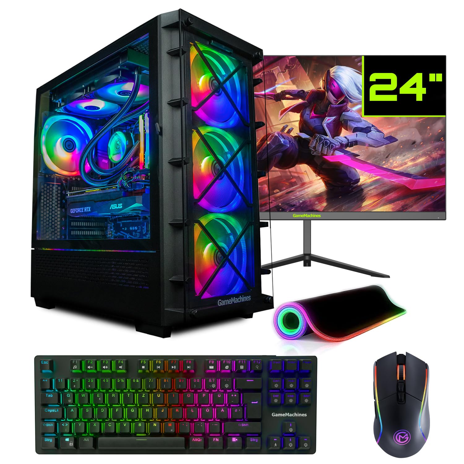 ПК GameMachines Storm Игра Полный Комплект Водяное охлаждение AMD Ryzen 7 5700X GeForce RTX 4070 SSD 1 ТБ DDR4 32 ГБ RGB WiFi Клавиатура Мышь Монитор 24 Дюйма 165Hz Win 11, фото №1