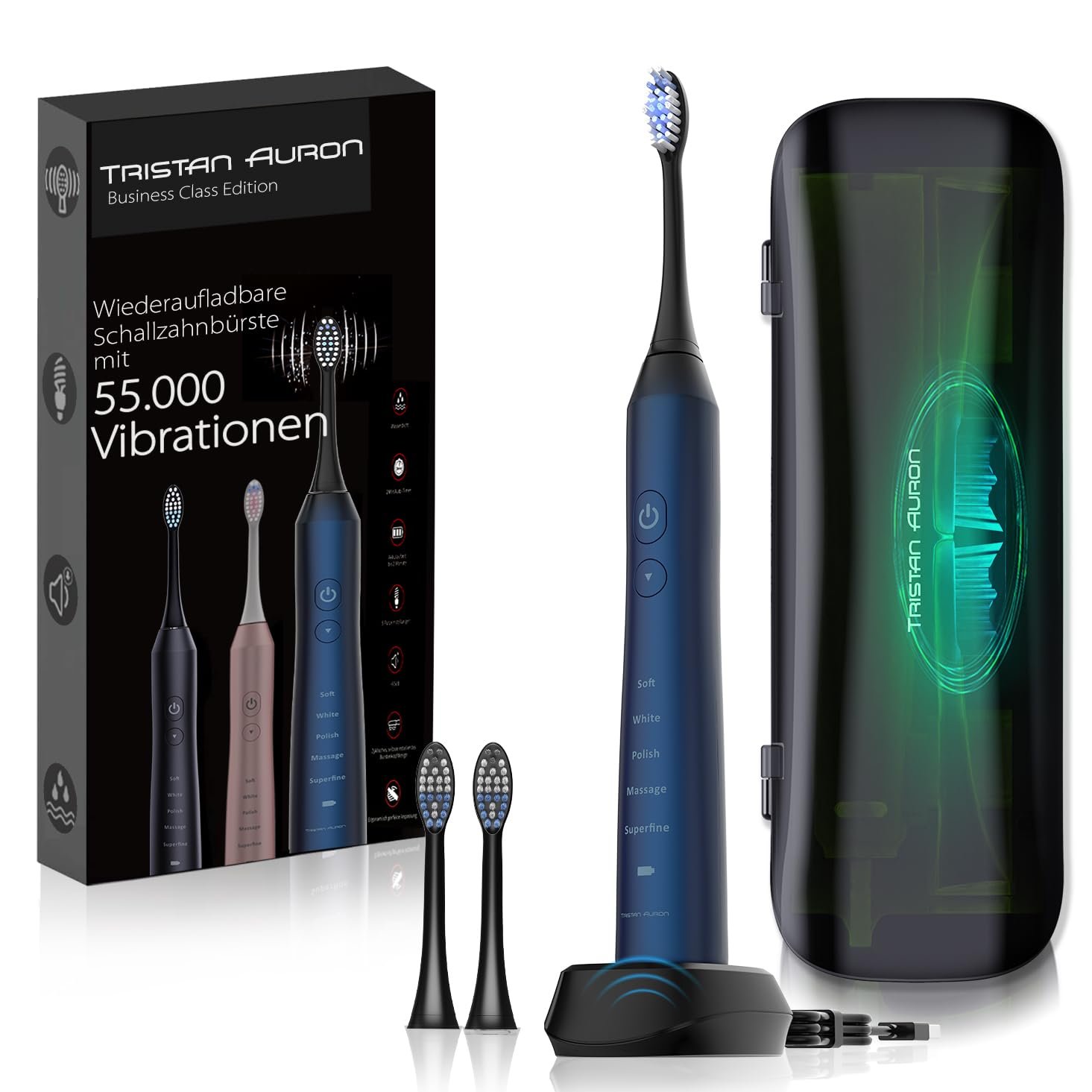 Електрична зубна щітка Tristan Auron звукова 55000 VPM 5 режимів UV-футляр Синя, фото №1