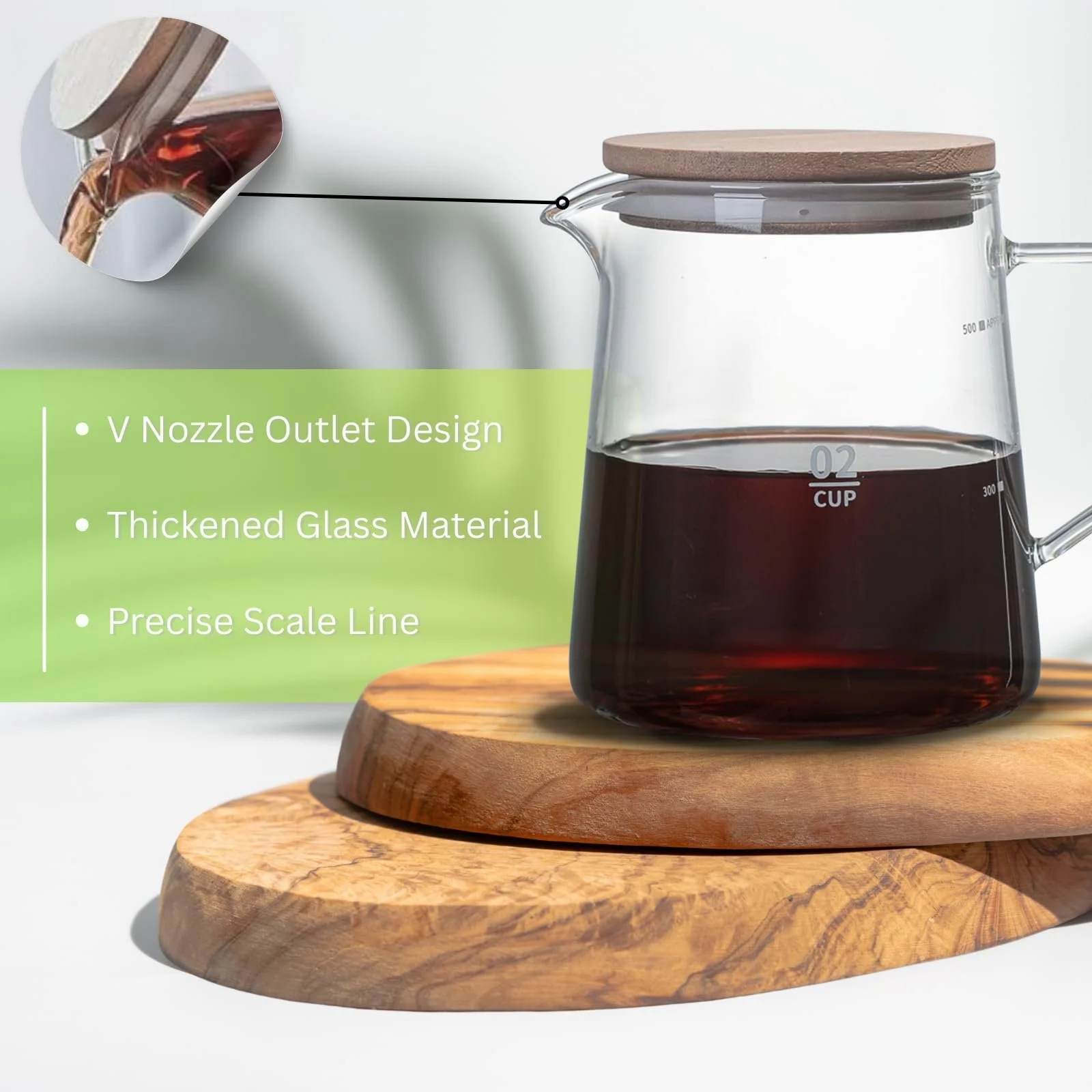 Кофейник стеклянный High Borosilicate Glass с деревянной крышкой 500 мл, фото №4