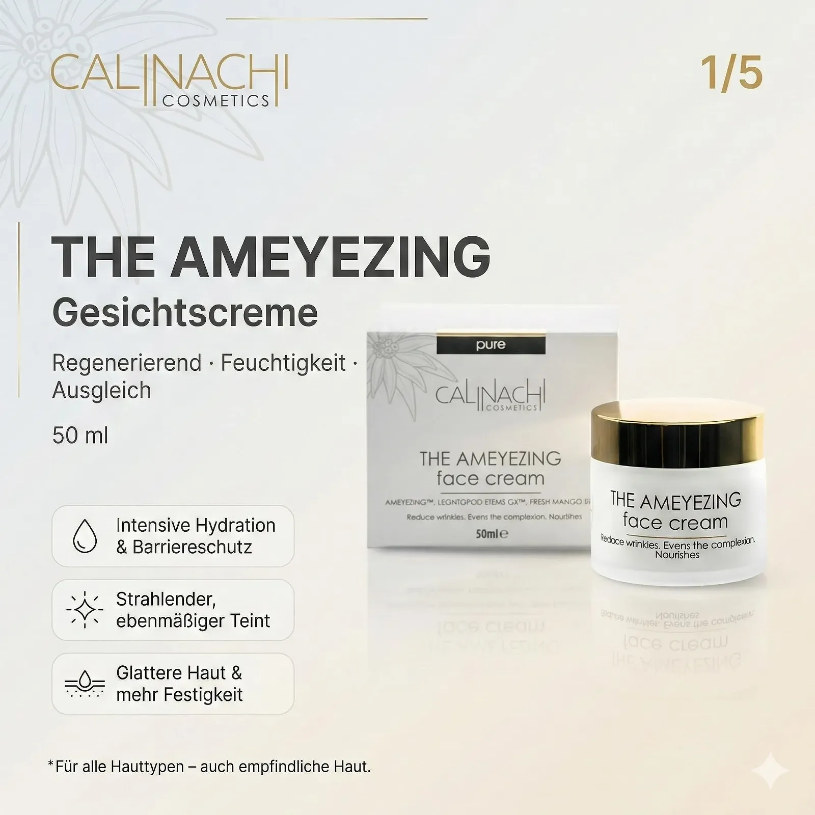 Крем для обличчя CALINACHI Regenerating Anti-Ageing 50 мл AMEYEZING, LEONTOPOD STEMS GX, AQUAXYL Зволоження та рівний колір обличчя Для чутливої шкіри Без ароматизаторів, фото №2