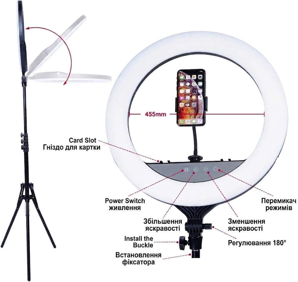 Кільцева лампа 18" AGM Touch Ring Light зі штативом / 3000K-6000K / Сенсорне управління / Bluetooth / Чорна, фото №2