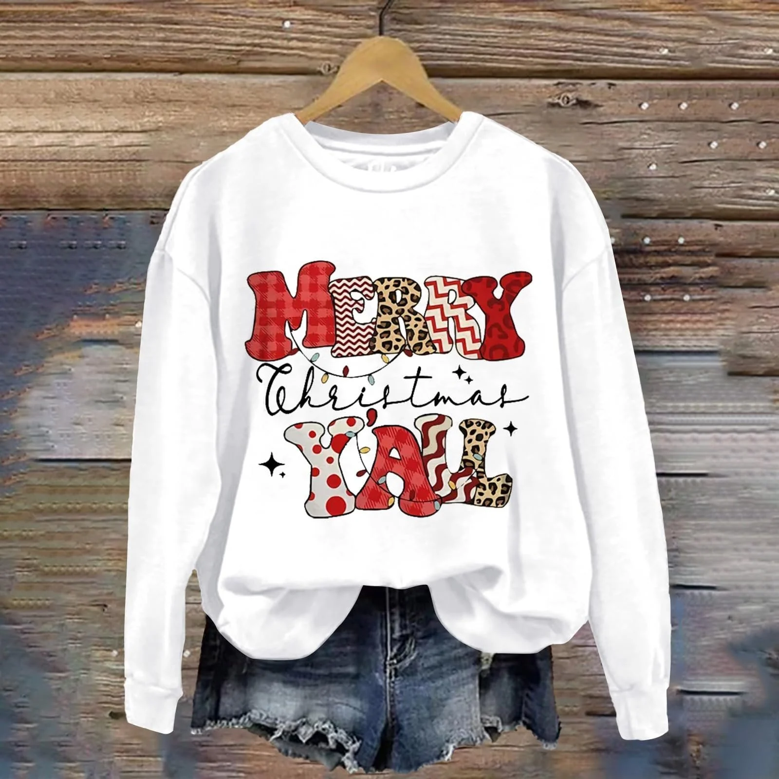 Женская толстовка Свободный крой С принтом Merry Christmas Ya'll Леопардовый принт Длинный рукав Флисовая круглая горловина, фото №2