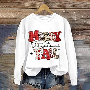 Женская толстовка Свободный крой С принтом Merry Christmas Ya'll Леопардовый принт Длинный рукав Флисовая круглая горловина synthetic.ua - Фото 1