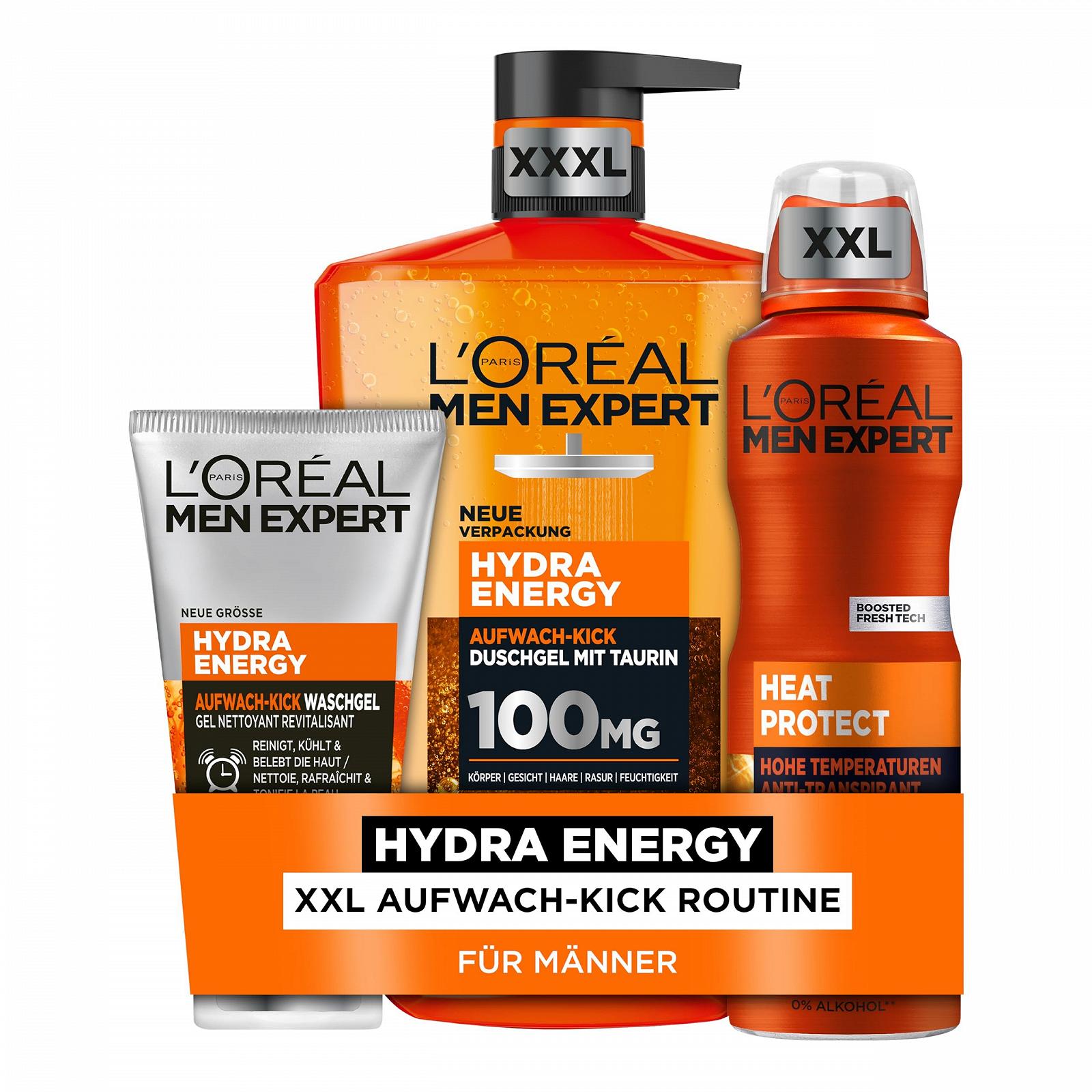Набор для ухода L'Oréal Men Expert Hydra Energy Heat Protect 3 предмета (гель для душа XXXL, дезодорант-спрей XXL, очищающий гель XXL), фото №1 Набор для ухода L'Oréal Men Expert Hydra Energy Heat Protect 3 предмета (гель для душа XXXL, дезодорант-спрей XXL, очищающий гель XXL), фото №1