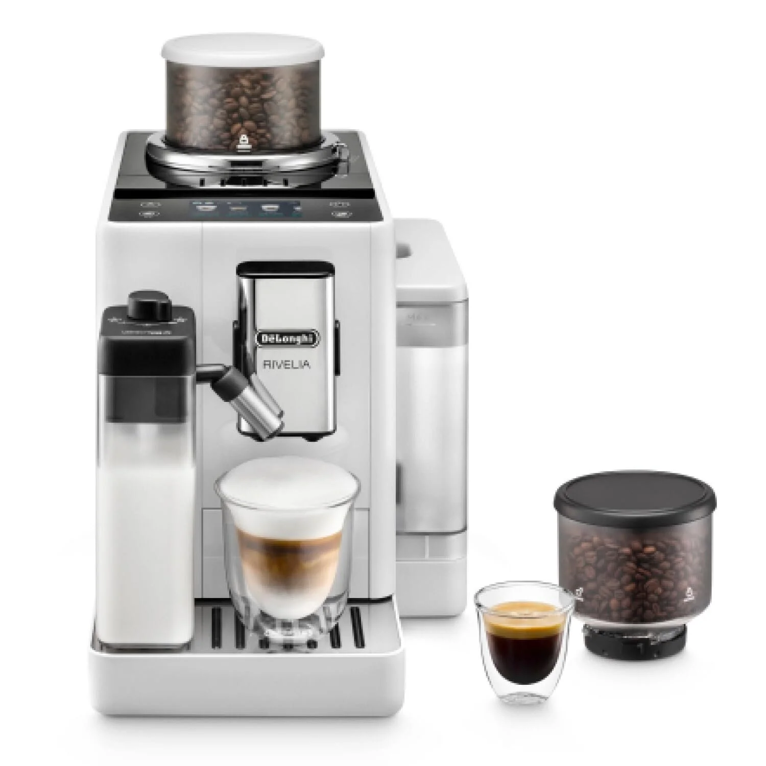 Повністю автоматична кавомашина De'Longhi Rivelia EXAM440.55.W, молочна система LatteCrema, змінний контейнер для зерен, 16 кавових/молочних напоїв, функція Extra Shot, 3,5-дюймовий сенсорний дисплей, біла, фото №1 Повністю автоматична кавомашина De'Longhi Rivelia EXAM440.55.W, молочна система LatteCrema, змінний контейнер для зерен, 16 кавових/молочних напоїв, функція Extra Shot, 3,5-дюймовий сенсорний дисплей, біла, фото №1