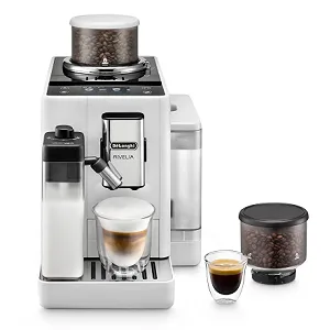 Купити Повністю автоматична кавомашина De'Longhi Rivelia EXAM440.55.W, молочна система LatteCrema, змінний контейнер для зерен, 16 кавових/молочних напоїв, функція Extra Shot, 3,5-дюймовий сенсорний дисплей, біла - Фото 1 Повністю автоматична кавомашина De'Longhi Rivelia EXAM440.55.W, молочна система LatteCrema, змінний контейнер для зерен, 16 кавових/молочних напоїв, функція Extra Shot, 3,5-дюймовий сенсорний дисплей, біла - Фото 1