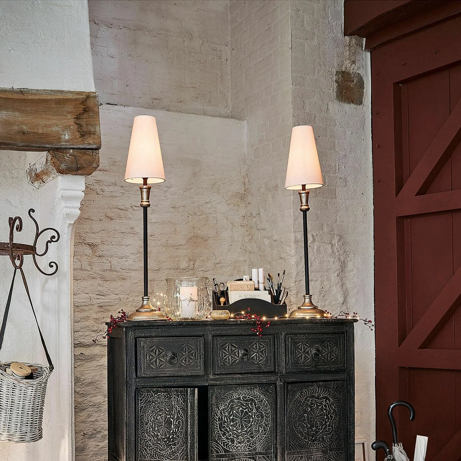 Настільна лампа LOBERON Obsonville Slim Tall Classic Bag Shade дерево манго залізо бавовна комплект із 2 шт. срібляста/чорна/кремова, фото №4