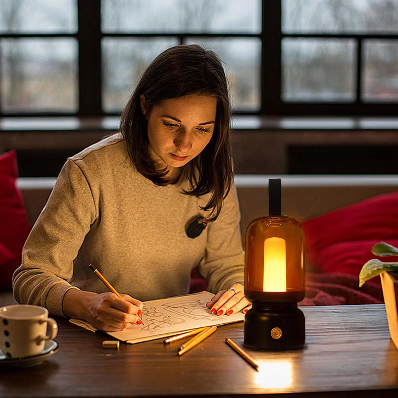Настільна лампа-ліхтар Ретро LED портативна бездротова 1800 K режим мерехтіння свічки 14 год роботи чорна, фото №7