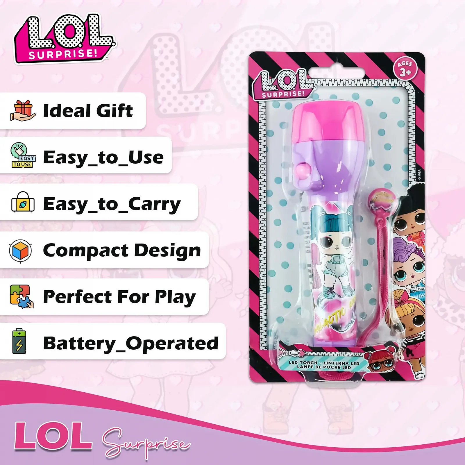 Світлодіодний ліхтарик LOL Surprise 21 см, регульований ремінець безпеки, аварійний на батарейках, пластик, для кемпінгу, походів, для дітей від 3 років, фото №4