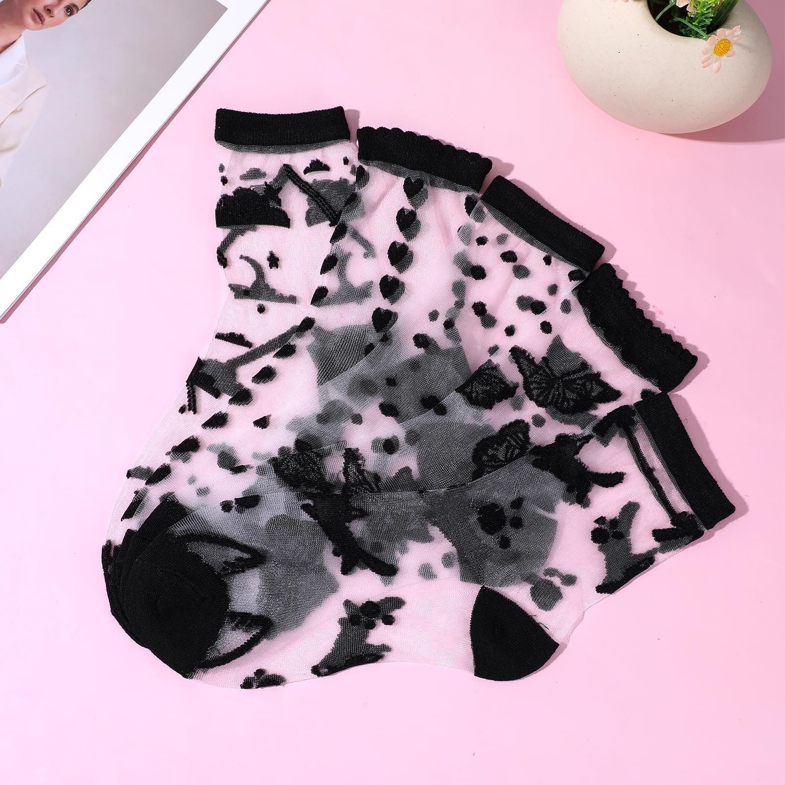 Носки Lusofie Прозрачные Женские Короткие в горошек полосатые клетчатые с рюшами Черные Прозрачные Щиколотки Сетчатые Летние Тонкие Модные Носки, черный, Универсальный размер, фото №4